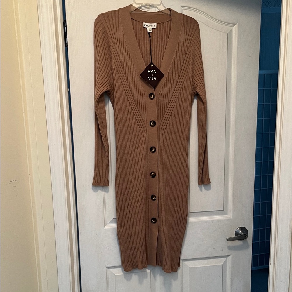 Ava & Viv Tan Ribbed Button-Down Dress